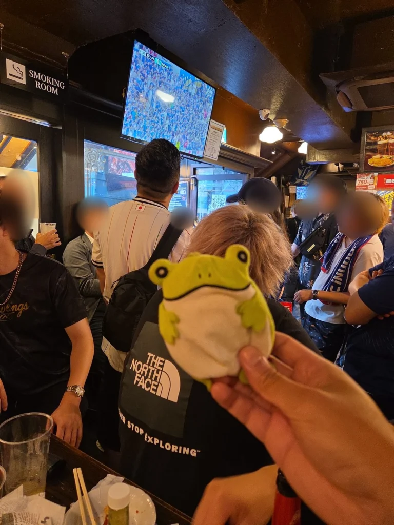Frog på en pub i Japan medan fotbollsmatchen Japan–Sverige visas på tv