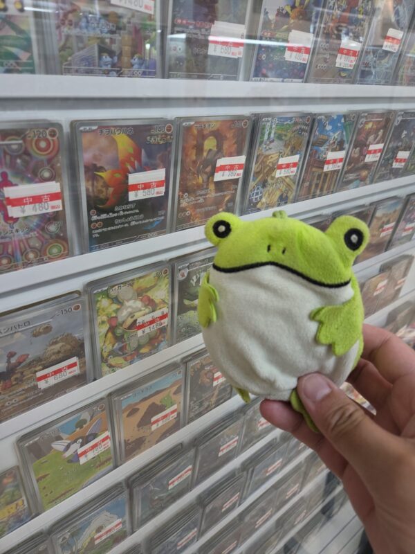 Vår groda framför en vägg av Pokémonkort i Japan